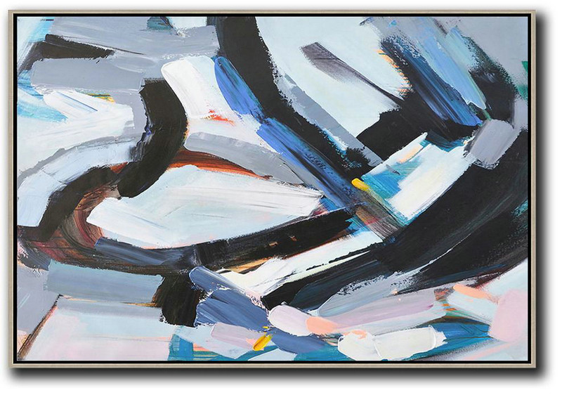 Large Modern Abstract Painting,Horizontal Palette Knife Contemporary Art,Large Colorful Wall Art,White,Grey,Dark Blue,Black.etc